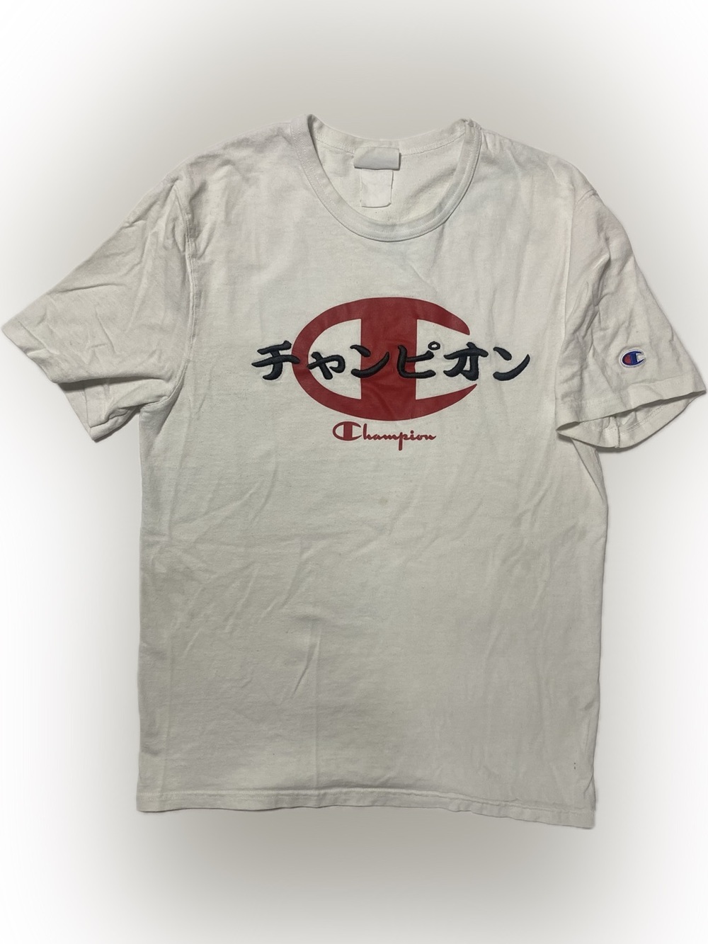Vintage Champion White Short Sleeve Tee with Red Logo and Black Script